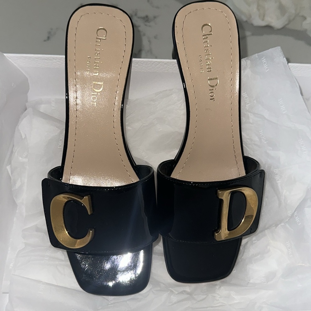 Dior patent calfskin Black sandal slide 37 brand new authentic mule  gold CD - Picture 4 of 7